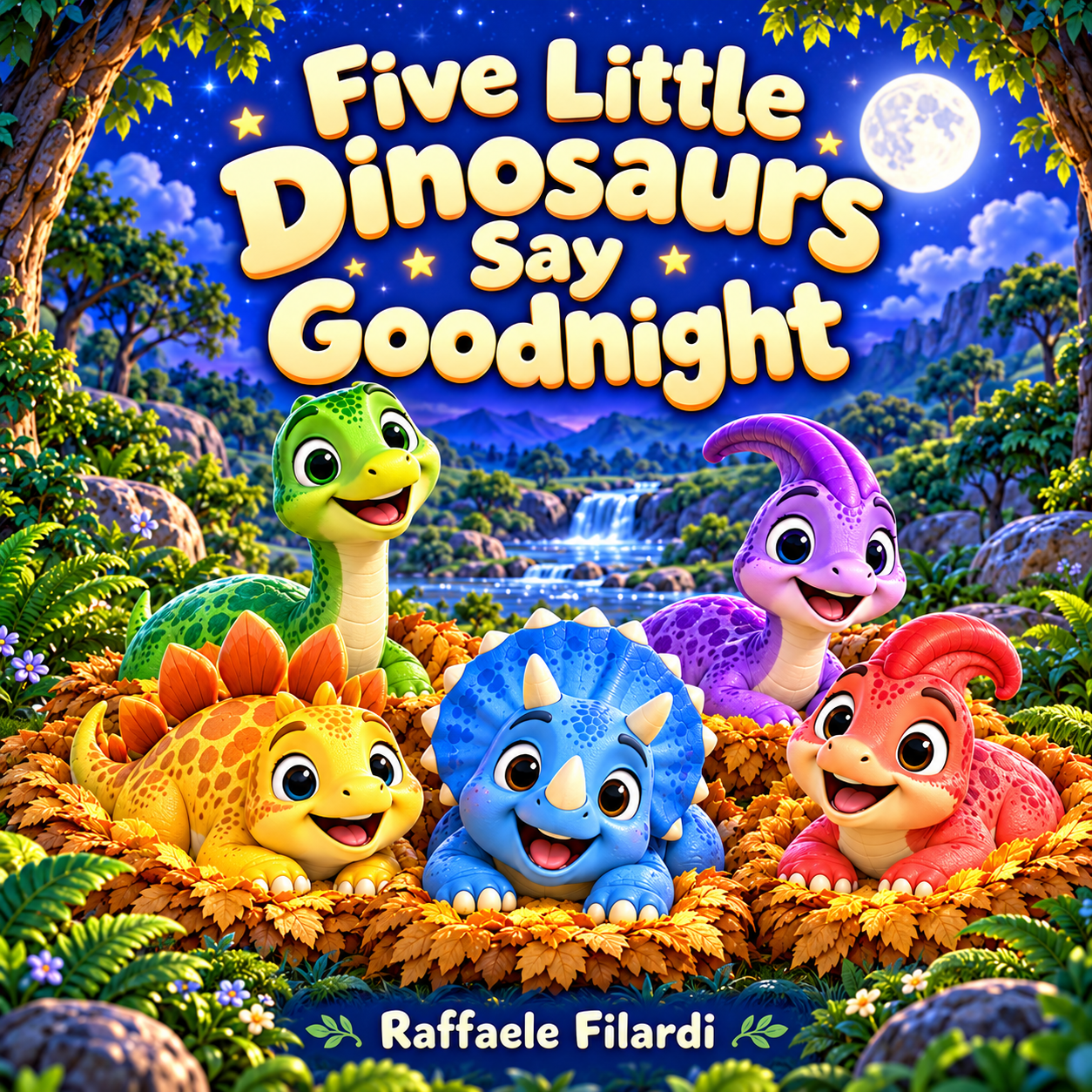Five Little Dinosaurs Say Goodnight book cover, showing five colourful dinosaur friends